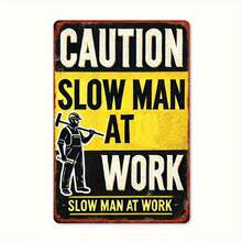 12x8 Inch Slow For Man At Work Metal Sign - High-Contrast Yellow & Black Iron Safety Sign With Bold Lettering & Construction Worker Graphic, Wall-Mounted For Construction Sites, Parking Lots, Workshops, Hazard Alert, Industrial Decor, Sturdy Wall Decor, Workshop Owners - White - View 6