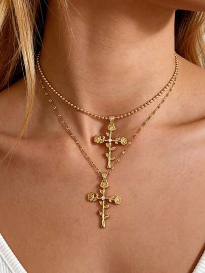 1pc Minimalist Exquisite Gold Copper Zirconia Rose Cross Beaded Chain Necklace For Women Perfect For Daily Outings, Dates, Gifts, And Weddings Valentine's Day Jewelry, Women's Charm Jewelry, Gold Jewelry Gift For Lovers, Sisters, Mothers Ramadan