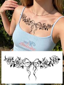 黑色大号胸部临时纹身贴纸，浪漫情人节玫瑰/野玫瑰/蝴蝶结/新月/流苏维多利亚复古风格性感临时纹身贴纸，适用于胸部、腹部和背部，DIY嘉年华/情人节/派对/节日礼物，防水逼真身体纹身贴纸，1包 - 黑色 - 查看 3
