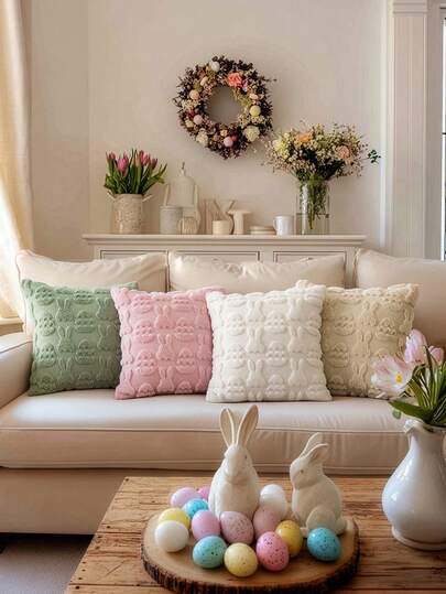 1个/2个米色兔子和彩蛋卡通装饰抱枕套，柔软毛绒复活节装饰靠垫套，适用于卧室、沙发