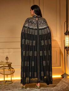 Elegant Long Abaya With Gold Beaded & Embroidered Details, Batwing Sleeves, Stand Collar, Black Woven Fabric, Non-Stretch - Black - View 2