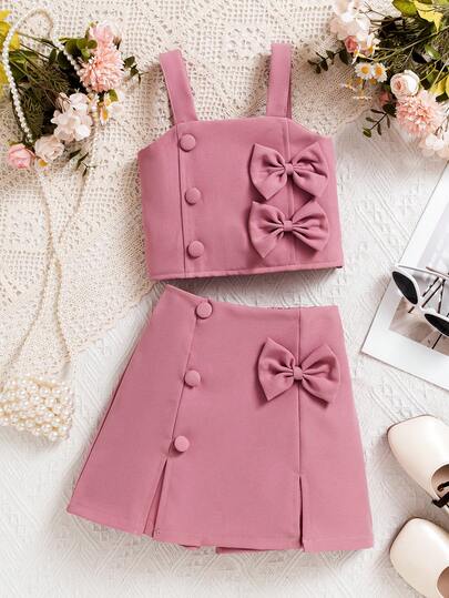 2pcs/Set Girls Cute Pink Outfit: Bow Strap Camisole + Side Button Shorts, Refreshing Summer Wear For Toddlers