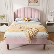Upholstered Bed 90*200 With Slatted Base And Headboard, Youth Bed, Single Bed, Wooden Slat Support, Easy Assembly, Velvet, Pink - Pink - View 3