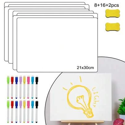 8 Pack A4 Whiteboard, 8.2X12 Inch  Mini Dry Erase White Board, Durable Portable White Boards For Students With 16 Pens And 2 Erasers, Small Whiteboard For Classroom,Home,Office