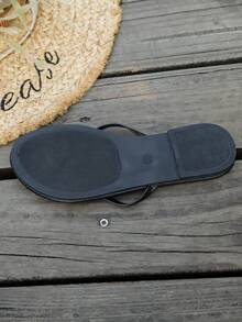 明星同款新款女士人字拖，平底凉鞋，户外防滑沙滩拖鞋 - 黑色 - 查看 7