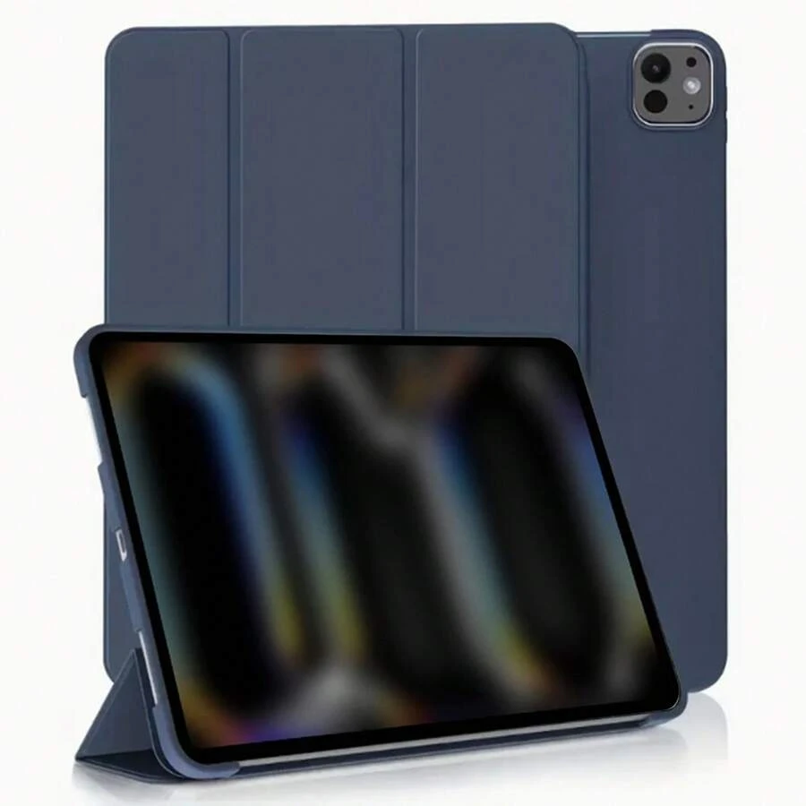 PHYLYN 1pc Soft Silicone Protective Case Compatible With IPad 5/6/7/8/9/10th/11(A16 2025)/Air4 10.9"/Air5 10.9"/Air6/Air7/Air11(M2/M3)/Air13/Pro 11"/Pro 12.9"/IPad Mini 1/2/3/4/5/6/7, Auto Wake/Sleep, Support Touch ID, Ultra-Thin Tri-Fold Stand Protective Cover With Soft TPU Back - Navy Blue - View 1