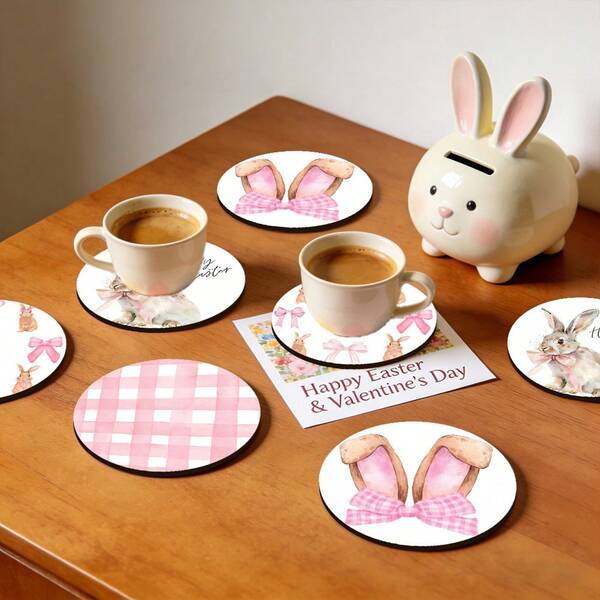 4pcs/Set Easter Themed Rabbit Print Wooden Coasters, With Adorable Rabbits And Eggs, Ideal For Home, Yard, Kitchen, Living Room Decor, Holiday Gift, Home Decoration, Cute Rabbit Design, Rabbit Accessories