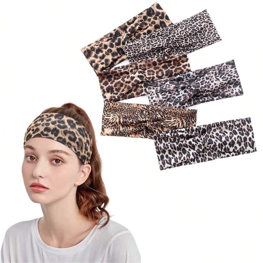 1pc New Vintage European & American Style Leopard Print Yoga Headband, Elastic Criss-Cross Sports Hair Band Women Head Scarf Elegant Hair Accessories Causal Sweatband - Multicolor - View 1