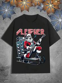 Mens Rock Santa Electric Guitar T-Shirt - Heavy Metal Santa Claus with SLEIGHER Graphic,Black Christmas Punk Rock Tee for Adults,All-Season Casual & Halloween Costume Party Shirt (Machine Washable),Festive Outfit,Edgy Holiday Design,Soft Material,Statement Top,Music Lovers - por defecto - Ver 1