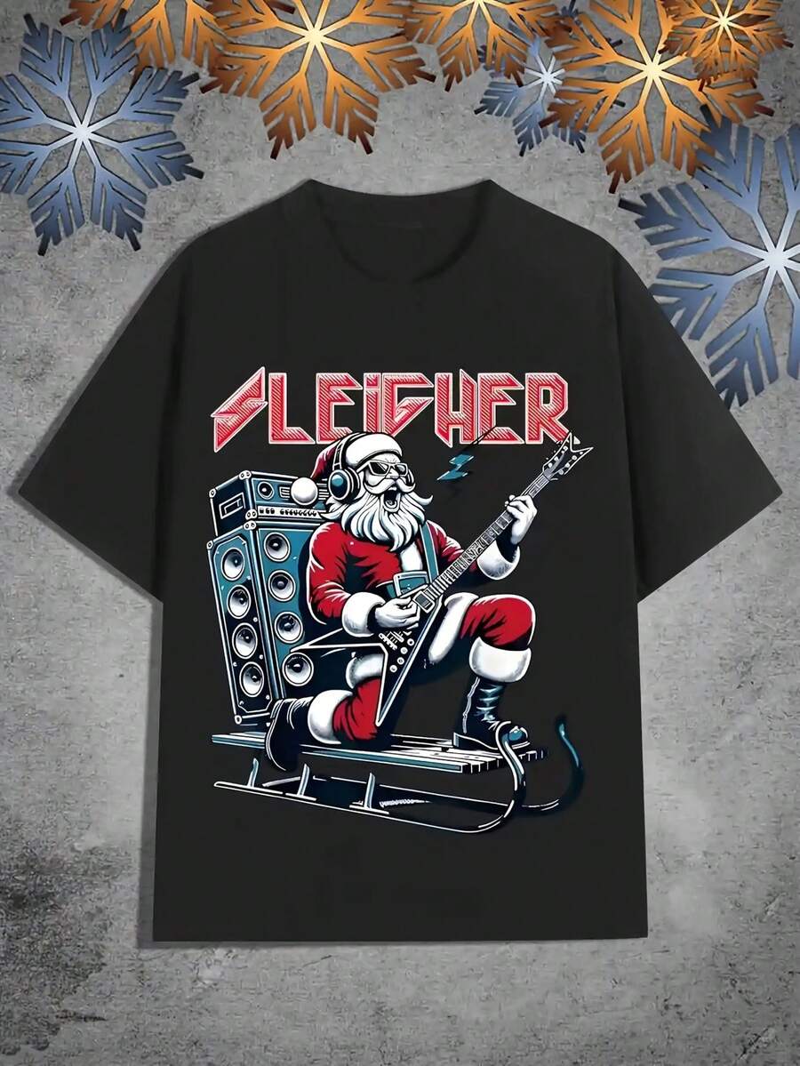 Mens Rock Santa Electric Guitar T-Shirt - Heavy Metal Santa Claus with SLEIGHER Graphic,Black Christmas Punk Rock Tee for Adults,All-Season Casual & Halloween Costume Party Shirt (Machine Washable),Festive Outfit,Edgy Holiday Design,Soft Material,Statement Top,Music Lovers - por defecto - Ver 1