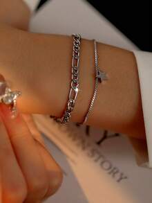 2pcs/Set Multi-Layer Silver Star Layered Bracelet, Minimalist & Fashionable, Suitable For Women's Daily Wear - Silver - View 7