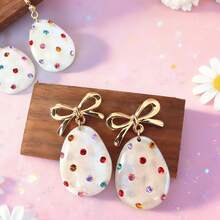 1 Pair Easter Egg Drop Earrings, Cute Bow Tie Colorful Rhinestone Resin Egg Shaped Earrings For Women, Holiday Party Daily Wear Spring Fashion Jewelry Gift - Multicolor - View 6