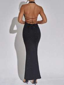 Rhinestone Embellished Floor Length Gown Sparkly Formal Dress For Red Carpet Evening Gown - màu đen - Xem 5