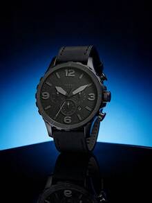 Fossil 男士 Nate 不锈钢石英黑色皮革计时腕表 JR1354 - 黑色 - 查看 6