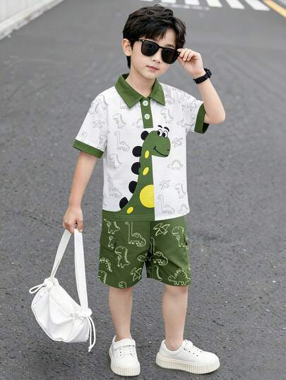 2pcs Young Boys' Colorblock & Dinosaur Print Short Sleeve T-Shirt And Shorts Set, Cute And Casual Outfit For Spring/Summer