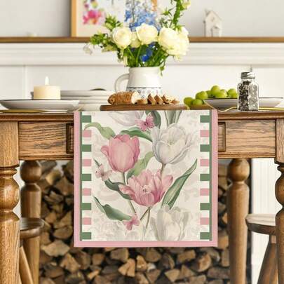 盛开的郁金香花卉图案春季桌布，适合夏季厨房餐桌装饰，也适合家庭聚会