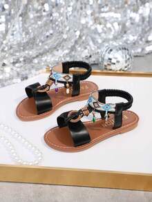 1双儿童波西米亚风套脚弹力带PU防滑耐穿可爱休闲平底鞋，适合送礼、上学、海滩、露营、春季郊游，2026新款 - 黑色 - 查看 2