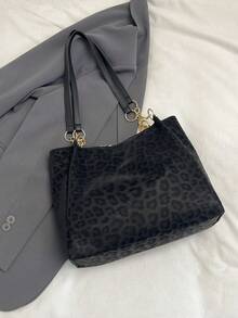 Bolso de mano a rayas de moda para mujer, bolso de hombro de gran capacidad, bolso con cremallera y cadena de metal para uso diario - Negro - Ver 8