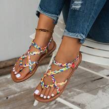 波西米亚豹纹编织女士休闲平底凉鞋，简约欧美风格，适合居家、派对、海滩等场合，亮面鞋面设计，防滑鞋底，穿着舒适。 - 黃色 - 查看 6