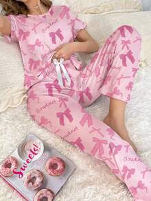 Women's Casual Bow & Letter All-Over Print Pajama Set - Multicolor - View 1