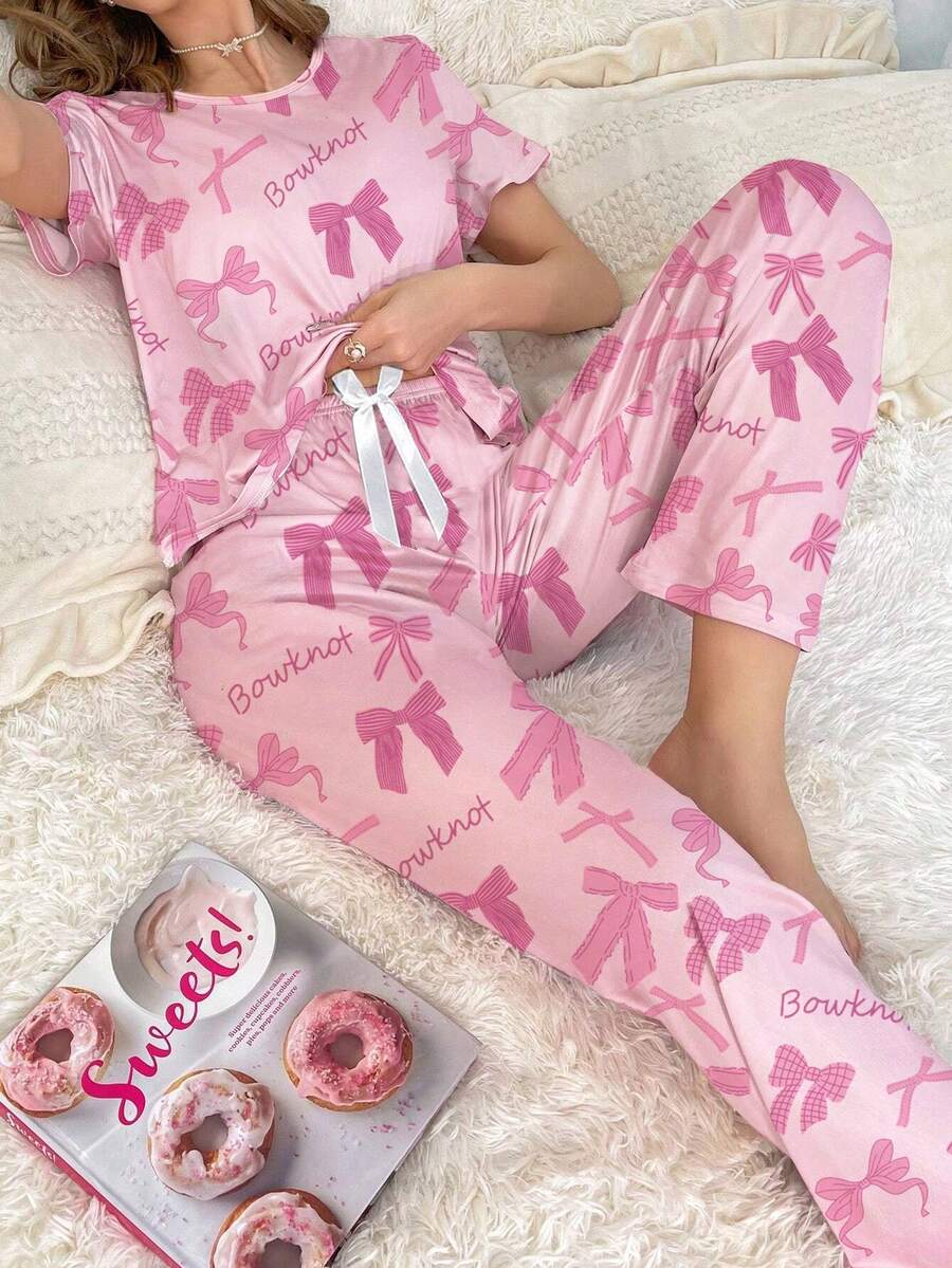 Women's Casual Bow & Letter All-Over Print Pajama Set - Multicolor - View 1