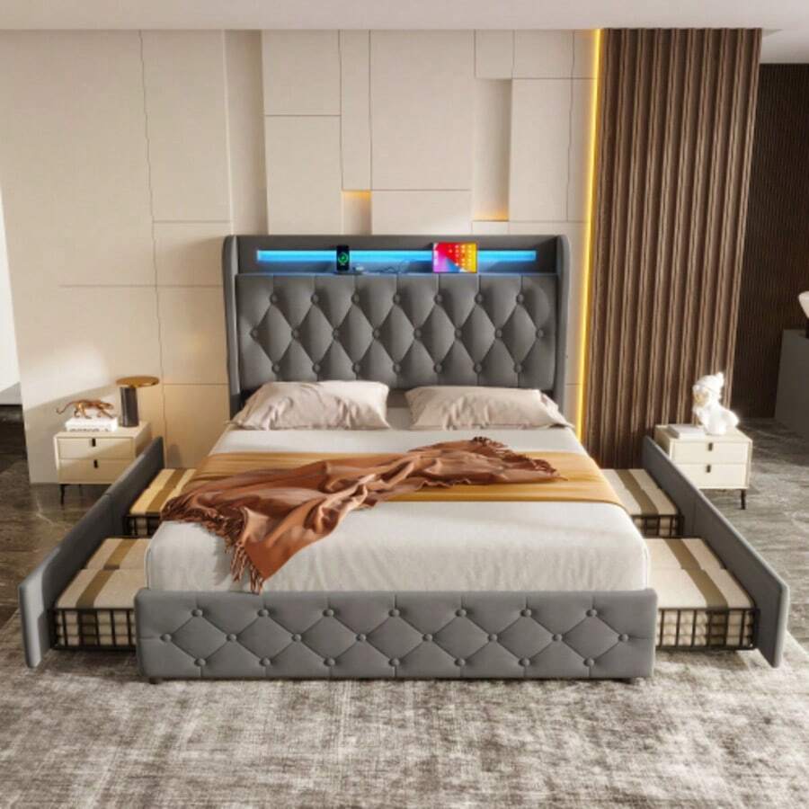 Upholstered Bed 140x190 Cm With LED Lighting And USB Socket, Headboard With Shelves And Storage Space, Flat Double Bed With 4 Drawers, Velvet. - Grey - View 1