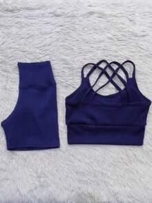 Ribbed Summer Set - Shorts And Top For Gym - Navy Blue - View 2