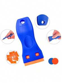 Safety Plastic Cleaning Scraper, Replaceable Blade Tool For Car Window Sticker & Adhesive Removal, Kitchen Stove & Wall Grease Cleaner - Blue + Orange - View 2