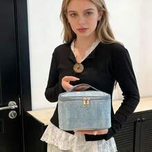 New Rhinestone Denim Handheld Makeup Bag, Portable Large Capacity Toiletry Bag, Fashionable High-End Organizer Bag, Suitable As Valentine's Day Gift, Wedding Gift - Multicolor - View 2