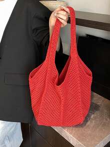 Yogodlns 轻便休闲镂空编织购物钩编包，大容量手提袋，适合旅行、户外活动和上学。多功能厨房收纳网袋，适合海滩度假或轻松携带，母亲节礼物之选。 - 紅色 - 查看 2