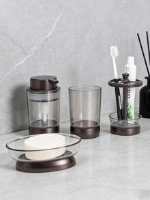 Juego de 4 Piezas de Accesorios de Baño - Incluye Portacepillos de Dientes, Dispensador de Jabón, Jabonera, Vaso para Enjuague y Botella Recargable, Perfecto para el Baño - marrón - Ver 7