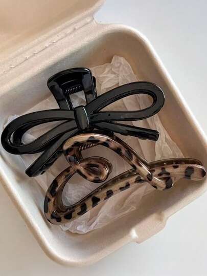 2 piezas/1 pieza Pinzas para el cabello de mujer con lazo negro y estampado de leopardo con forma de corazón, combinación de estilo elegante y minimalista, pinzas de unicolor adecuadas para uso diario, casual, fiesta, playa, vacaciones, peinado, lavado de cara/cabello, maquillaje, accesorios de vestir, para otoño/invierno/primavera/verano