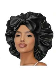 1pc Elastic Headband Sleep Cap, Hair Care Cap With Ribbon Bow Sleep Bonnet - Multicolor - View 2