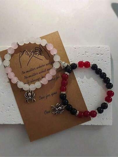 2Pcs/Set Fashionable Spider Heart Charm Pendant Matching Beads Bracelets For Couples Best Friendship Holiday Gift Jewelry Accessory
