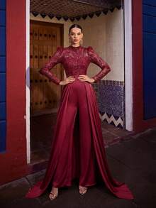 Faeriesty 优雅长袖高领及地连体裤 - 亮片和缎面拼接，蓬松裙摆带拖尾，修身剪裁 | 适合节日派对、新年夜、正式晚宴、情人节派对 - 酒紅色 - 查看 3