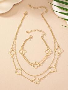 2件套时尚简约镂空四叶草金属吊坠项链手链套装，适合少女日常、派对、节日穿着