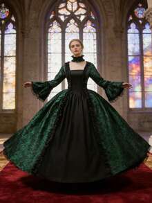 New Vintage Palace Style Printed Long Dress, Victorian Costume Performance Dress Halloween Costumes Spring Fall - Multicolor - View 8