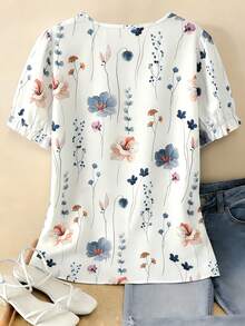 Plus Size Elegant Casual Floral Lace Ruffle Hem Blouse, Spring/Summer - White - View 7