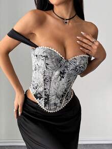 Vexica 女士时尚抹胸露脐上衣，采用露肩领口和不对称常规长度无袖设计，饰有精致的撞色蕾丝细节，优雅女士衬衫，白色适合新年装扮，粉色上衣，圣诞节 - 灰色 - 查看 11