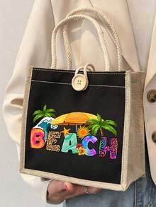 Coconut Tree Seaside Pattern Storage Bag And Cosmetic Bag Set, Linen Tote Bag, Colorful Beach Letters Pattern Gift Bag,Portable Shopping Bag, Lightweight Foldable Storage Bag, Minimalist Shopping Bag, Best Reusable Grocery Bag, Teacher'S Day Gift Bag, Valentine'S Day Gifts, Ramadan Mubarak, Ramadan Gifts,Back-To-School Gift, Summer Vacation, Beach Trip - Multicolor - View 14