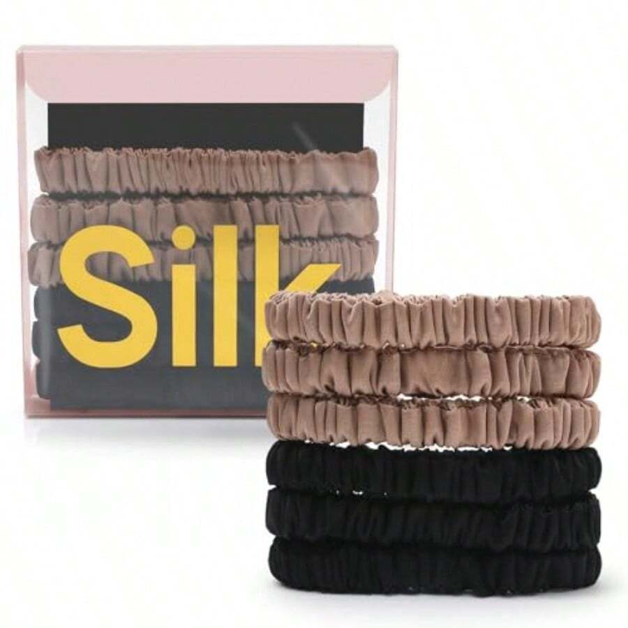 QY- 6Pcs Mulberry Silk Slip Skinny Hair Scrunchies - 22 Momme Pure Silk Ponytail Holders For Women And Girls Color 02 -3788 - blackbrown - 查看 1