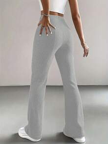 Elegant Solid Color Ribbed Stripe Elastic Waist Straight Leg Grey Casual Pants, Versatile Minimalist Daily Commute Style - Grey - View 2