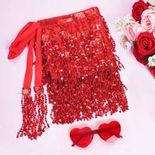 Sequin Belly Dance Scarf Tassel Wrap Sparkly Fringe Skirt With Pair Heart Party Rave Costume Women - 紅色 - 查看 6