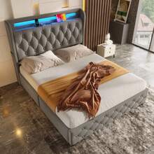 Upholstered Bed 140x190 Cm With LED Lighting And USB Socket, Headboard With Shelves And Storage Space, Flat Double Bed With 4 Drawers, Velvet. - Grey - View 2