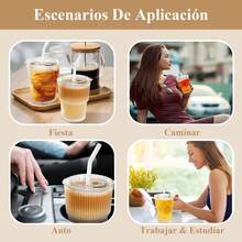2 Pcs Taza de vidrio con Tapa y Pajita,Juego de Tazas de Café de 400ML,Juego Moderno de Taza de Café Exquisita,Apto Tanto para Frío Como para Calor para Cerveza,Whisky,Capuchino,Té,Leche,Cola - 1 pieza - Ver 7