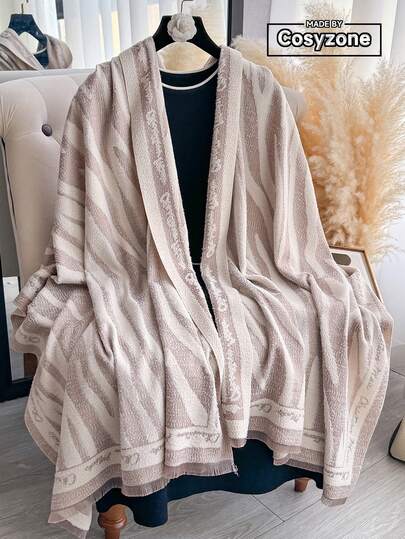 1pc Elegant Striped Jacquard Plush Long Scarf For Women, Fashion Versatile Air-Conditioned Room Scarf, Warm Shawl For Autumn/Winter, Suitable For Daily Matching And Outdoor Use