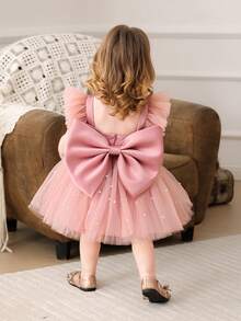 Baby Girls' Pink Cap Sleeve Bow Beaded Mesh Elegant Party Dress, Princess Dress Suitable For Girls, 1st Birthday, Party, Banquet, Wedding Flower Girl, Holiday Celebration - Pink - View 10