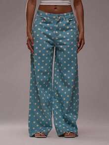 Polka Dot Jeans Women Low Rise Cute Baggy Jeans Y2k Straight Wide Leg Boyfriend Denim Pants Streetwear - Màu xanh lam - Xem 3