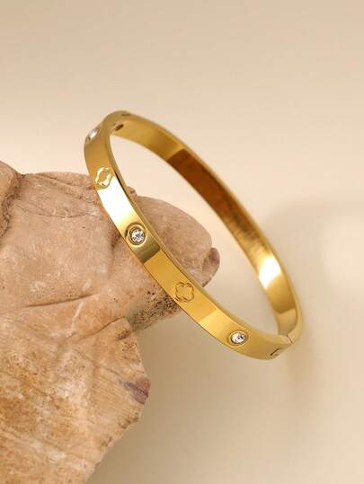 VJS 1pc 18K Gold Plated Stainless Steel Mirror Polished Four-Leaf Clover Flower Bracelet, Suitable For Daily Wear And As A Valentine's Day/Birthday Gift For Your Loved One