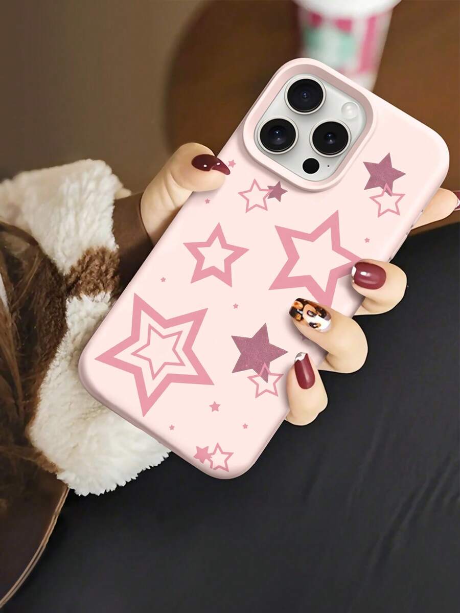 1pc Star Pattern, Large Hole Liquid Pink Shockproof Phone Protective Case, Silicone Material, Can Be Given As Holiday Gift, Compatible With Apple IPhone XS/XS Max/XR/11 12 13 14 15 16 Pro/Pro Max/14 15 16 Plus/17, Unisex - Multicolor - View 1